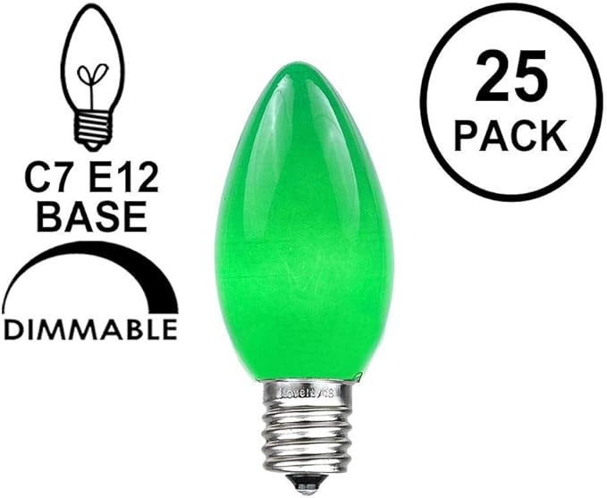 Novelty Lights Ceramic Christmas Replacement Bulbs - Outdoor Individual Bulbs for Events, Holiday Parties, Patios, and More - C7/E12 Candelabra Base, 5 Watt Lights (Green, 25 Pack)