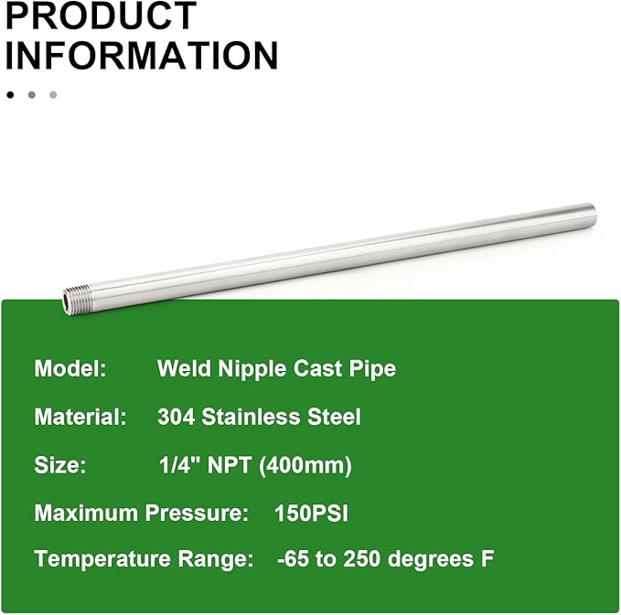 TAISHER 2PCS 304 Stainless Steel Pipe Fittings, 1/4" NPT Male Threaded, 16" Length Weld Nipple Cast Pipe