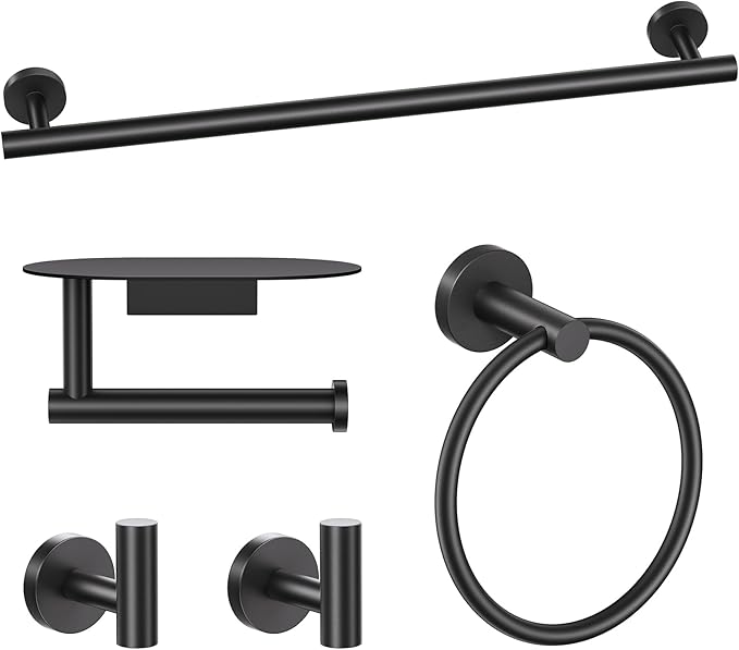 TURS Matte Black 5 Piece Bathroom Hardware Set, SUS304 Stainless Steel Bath Towel Bar Set, Bathroom Towel Rack Set Wall Mounted