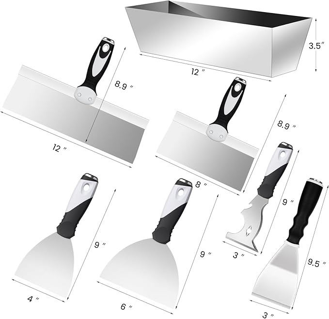 Mister Rui Drywall Tools, 7 Pieces Stainless Steel Putty Knife Set, Taping Knives, 10 in 1 Paint Scraper, Spackle Knife Set