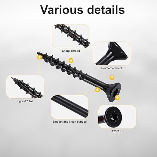 Deck Screws #8X1-1/2’’, T25 Star Torx Drive Flat Head Wood Screws, Black, 5lb