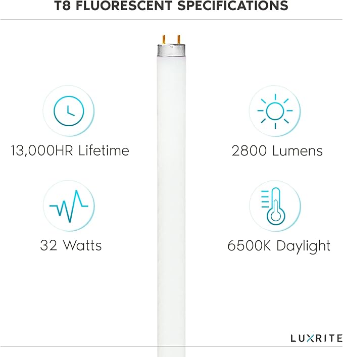 LUXRITE (30 Pack F32T8/865 32W 48 Inch T8 Fluorescent Tube Light Bulb, 6500K Daylight, 2800 Lumens, G13 Medium Bi-Pin Base, LR20735