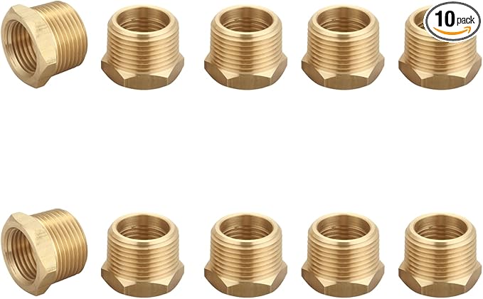 1/2 Inch NPT Male x 3/8 Inch NPT Female Brass Pipe Fitting, Hex Bushing, Reducer Adapter, Thread 0.75" OD to 0.625" ID, (10 Piece)