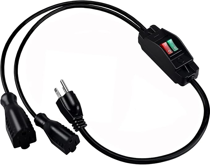 2 Way Extension Cord with On/Off Switch 3 Prong Outdoor Extension Cord Splitter, Heavy Duty Extension Cord with SJTW 14AWG 15A/125V and 18AWG 10A/125V(3 Ft, Black)