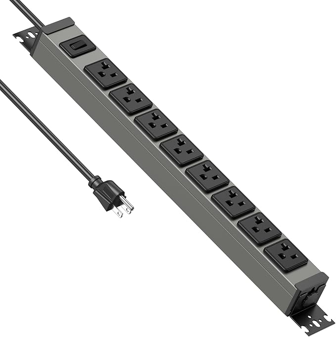 JUNNUJ Heavy Duty Power Strip Wall Mount, 20 Amp Surge Protector 1200J Metal 8 Outlet Under Desk Mounted 20A, Garage Power Bar Table Socket Industrial Outlets 6-20R T-Slot, 15FT 12AWG Extension Cord
