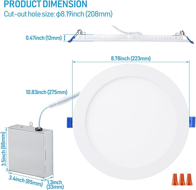 TORCHSTAR 8 Inch Ultra-Thin LED Recessed Ceiling Light with Junction Box, 3000K Warm White, 18W High Brightness Dimmable Slim Canless Wafer Downlight, ETL & ES, Pack of 6