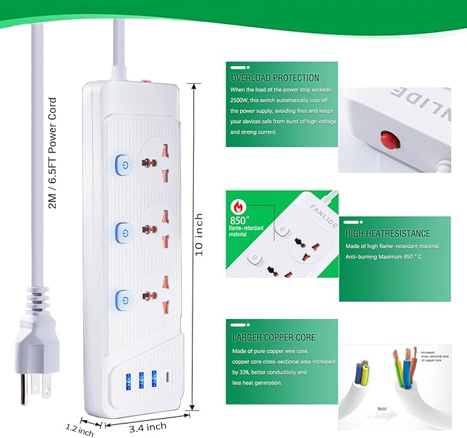 Universal Power Strip with USB C, 3 Outlets 3 USB and 1 USB C Ports, 6.5ft Power Cord, 2500W Circuit Breaker