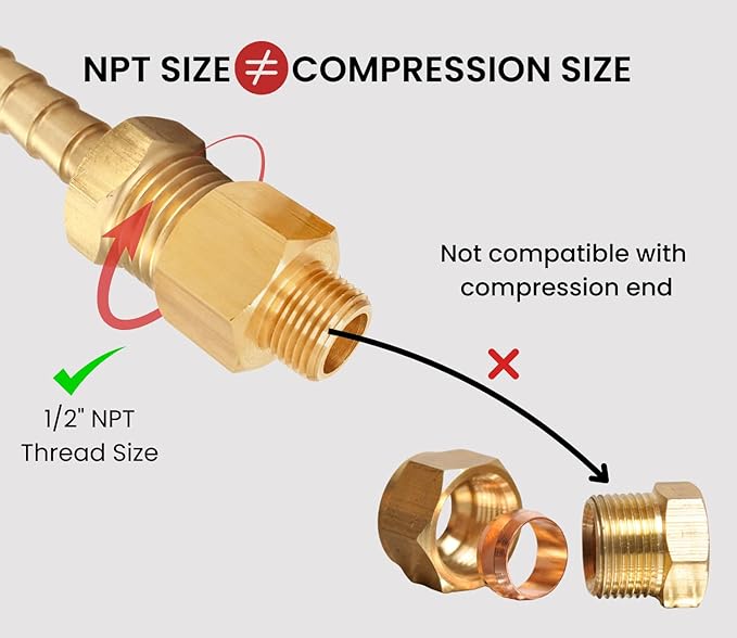 2 Pack Brass Pipe Fittings, 1/2" NPT Female to 3/8" NPT Male Reducer Adapter, Solid Brass Pipe Extension Connectors, Thread 0.75" ID × 0.625" OD, 300 Psi