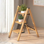 GameGem 3 Step Ladder, Aluminum Folding Step Stool with Anti-Slip Sturdy and Wide Pedal, Lightweight Portable Stepladder for Home and Kitchen Use Space Saving, Woodgrain, 330 lbs