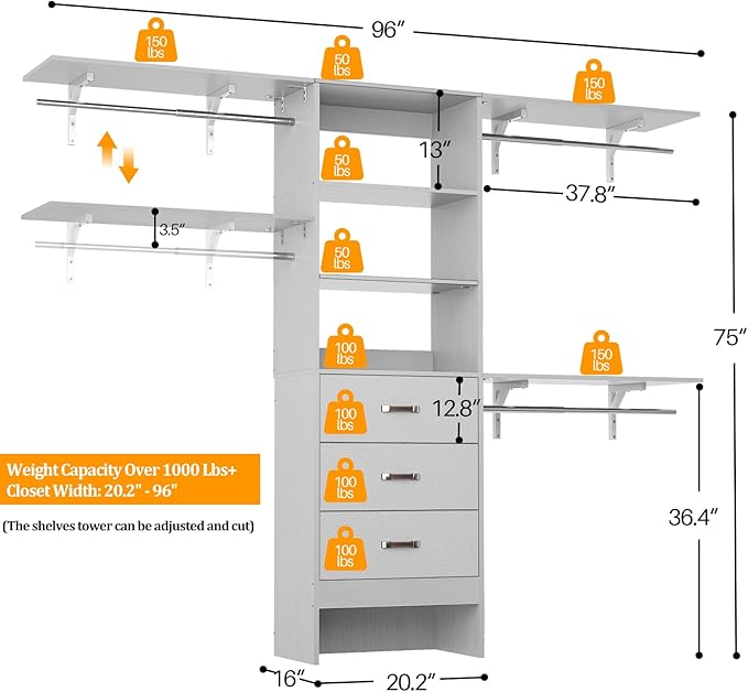 Closet System with Drawer - 8FT Wood Closet Organizer System with 3 Hanging Rods and Shelving Tower, 96" Walk In Closet Organizer Wardrobe, Heavy Duty Garment Rack Clothes Rack, Grey