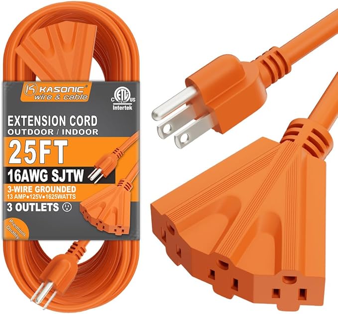 K KASONIC - 25 Ft Extension Cord with 3 Outlets, UL Listed 16/3 SJTW, 3-Wire Grounded, 13A 125V 1625W for Indoor/Outdoor Use - Orange