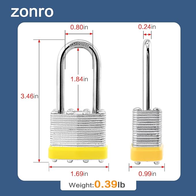 ZonRo Locks Laminated Steel Keyed Padlocks,Keyed Alike Locks, 1-9/16 inch Wide,Long Shackle Padlocks, Pack of 12，Yellow Hoop, for Hasp Latch, Sheds, Fences, Storage Locker, School, Gym