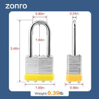 ZonRo Locks Laminated Steel Keyed Padlocks,Keyed Alike Locks, 1-9/16 inch Wide,Long Shackle Padlocks, Pack of 12，Yellow Hoop, for Hasp Latch, Sheds, Fences, Storage Locker, School, Gym