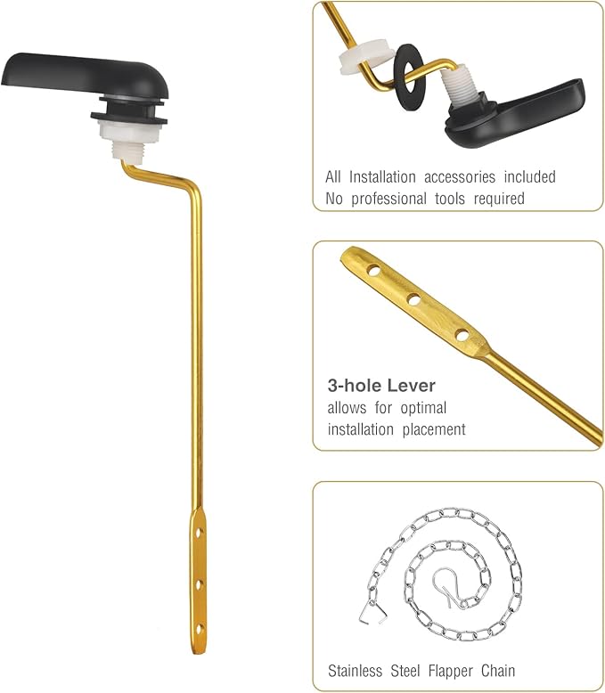 Toilet Handle Replacement Kit, Side Mount Toilet Trip Levers with Seal Gasket and Nut, with Stainless Steel Flapper Chains, Universal Replacement for Most Toilets (Matte Black)