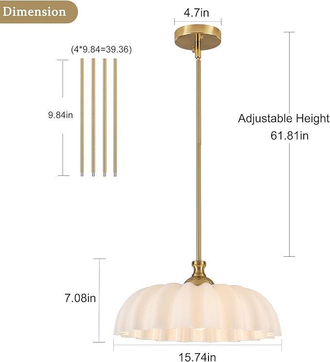 15.7" Vintage Flower Gold Chandelier - Adjustable Height White Milk Glass Shades Pendant Light Fixture for Kitchen Island, Dining Room, Bedroom