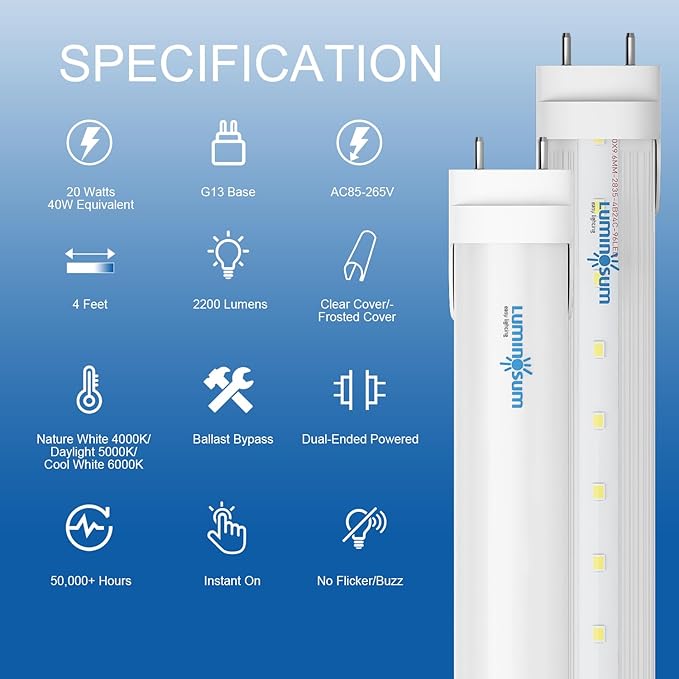 T8 LED Tube Light Bulbs 4 Foot 20W 40W Equivalent 6000K Cool White 2000LM, T8 T10 T12 Fluorescent Replacement, Dual-end Powered Ballast Bypass, Clear Cover ETL Listed for Garage 25-Pack
