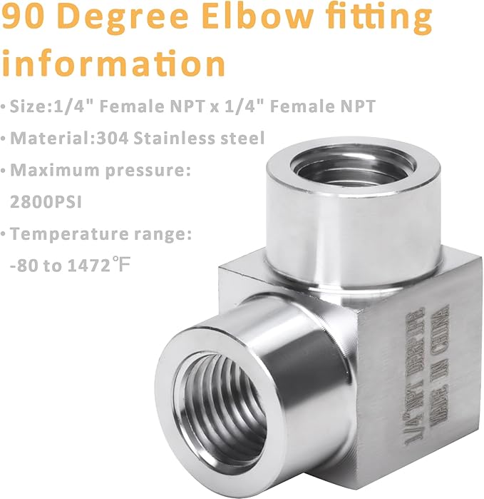 90 Degree Street Elbow - 1/4" NPT Female to 1/4" NPT Female Stainless Steel 304 Heavy Duty Forged Square Barstock Street Elbow Adapter Pipe Fitting (pack of 5)