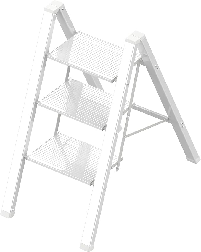 3 Step Lightweight Folding Ladder for Home, 330lbs Aluminum Step Ladder Anti-Slip for Kitchen, Step Stool Foldable Adults for Closet, 330lbs - White