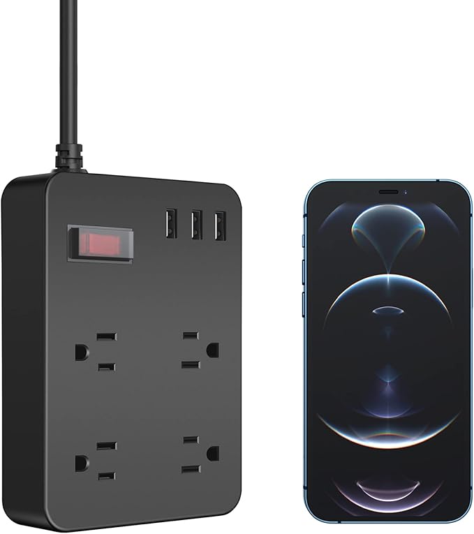 Outdoor Power Strip Weatherproof,Waterproof Surge Protector with 4 Outlets,3 USB,Shockproof Overload Protection, Multi Outlet Extension for Camping, Garden, Kitchen, Bathroom, 6ft Cord,with Flat Plug