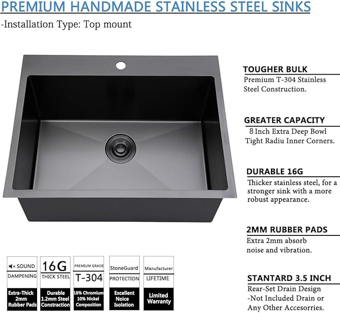 SHACO 25x22 Black Drop In Kitchen Sink, 25 Inch Gunmetal Black Topmount Single Bowl 16 Gauge Stainless Steel Sink for Bar Prep RV Laundry Utility Small Kitchen