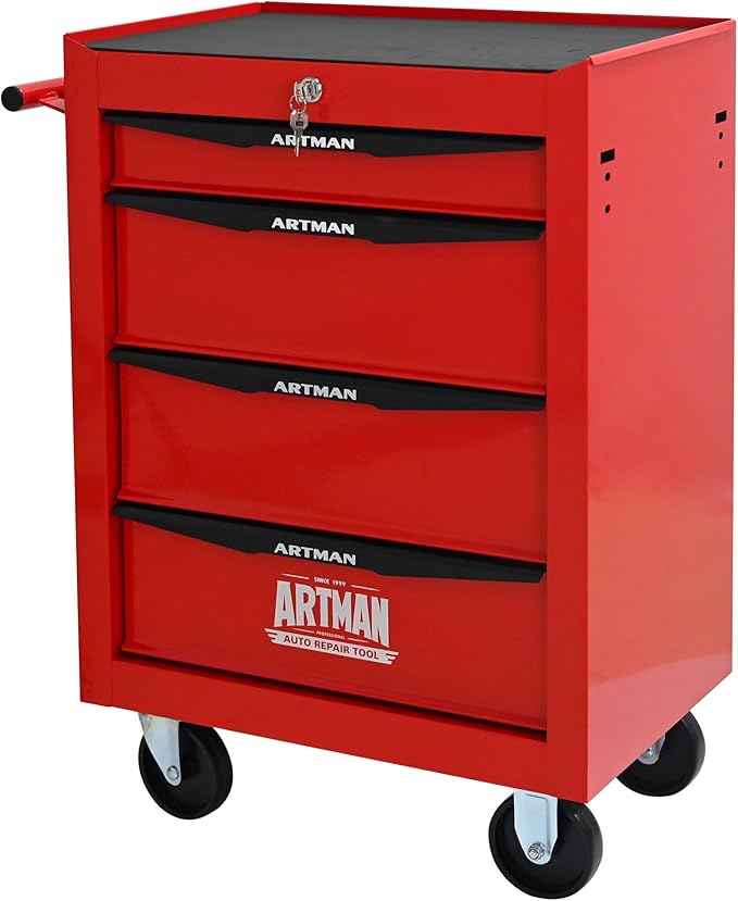 4 Drawers Rolling Tool Box on Wheels, Multifunctional Tool Chest Cabinet with Lock, Drawers Rolling Tool Cart Trolley Organizer Tool Storage Case for Warehouse,Garage,Workshop (Red)