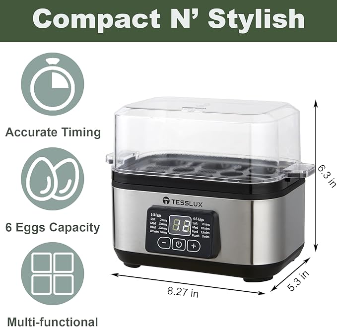 Electric Rapid Egg Cooker, 6 Egg Capacity for Hard Boiled Eggs, Poached Eggs, Scrambled Eggs, or Omelets Maker with Auto Shut Off (Sliver)