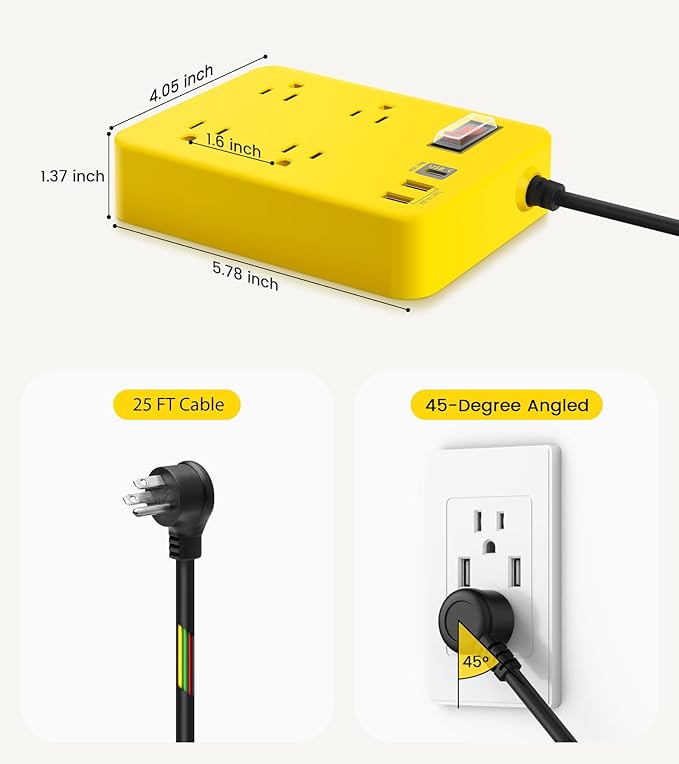 Outdoor Power Strip Weatherproof,Fast Charging Station 20W USB C,Waterproof Surge Protector 4 Outlets, Multi Outlet Extension for Camping, Garden, Kitchen,Bathroom,Flat Plug (Yellow, 25 FT Cable)