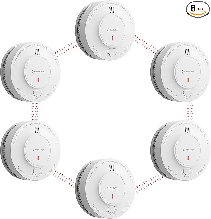 X-Sense Wireless Interconnected Battery Powered Smoke Detector Fire Alarm with Over 820 ft Transmission Range, SD19-W, Pack of 6