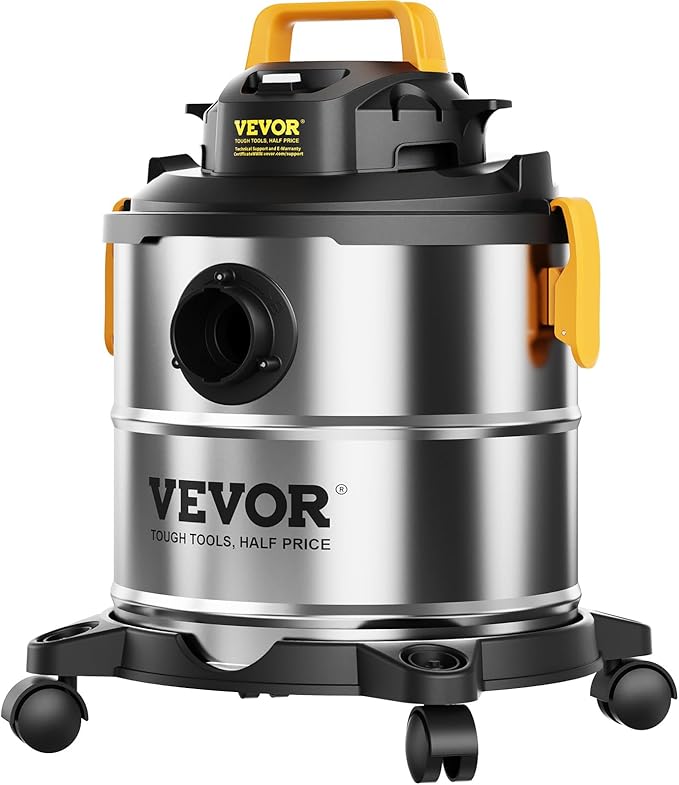 VEVOR Stainless Steel Shop Vac Wet and Dry Vacuum Cleaner 5.5 Gallon 6 Peak HP - Powerful Suction with Blower Function & Attachments 2-in-1 Crevice Nozzle - Perfect for Car Carpet Debris Pet Hair