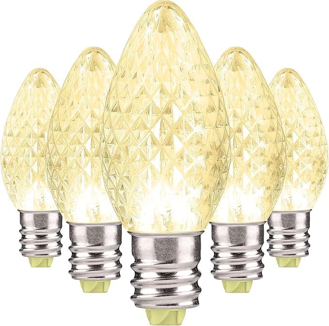 Holiday Lighting Outlet Faceted C7 Christmas Lights | Warm White LED Light Bulbs Holiday Decoration | Warm Christmas Decor for Indoor & Outdoor Use | 2 SMD LEDs in Each Light Bulb | Set of 25