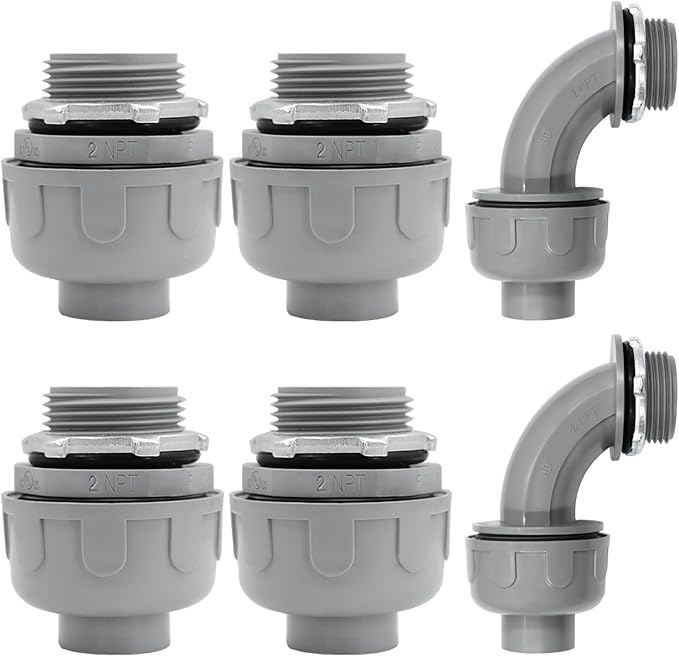 2 inch Liquid Tight Connector PVC Flexible Conduit Connector,180 Degree and 90 Degree UL Listed Liquid Tight Connector, Non-Metallic Electrical Conduit Fittings (6 Pack)