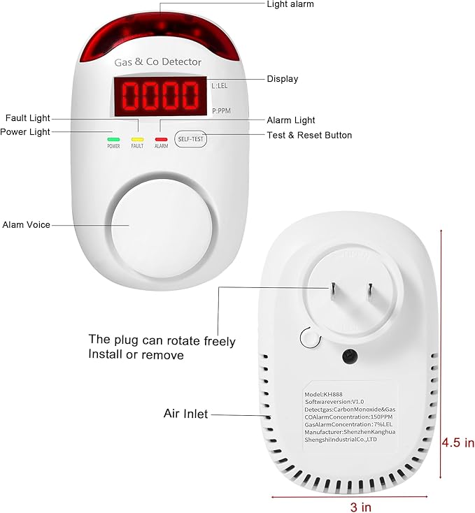 Combination Gas & Carbon Monoxide Detectors Plug in, 2-in-1 Natural Gas Detector & Carbon Monoxide Alarm, CO Detector Alarm & Propane, Methane, Explosive Gas Detector for Home,RV,Easy to Install