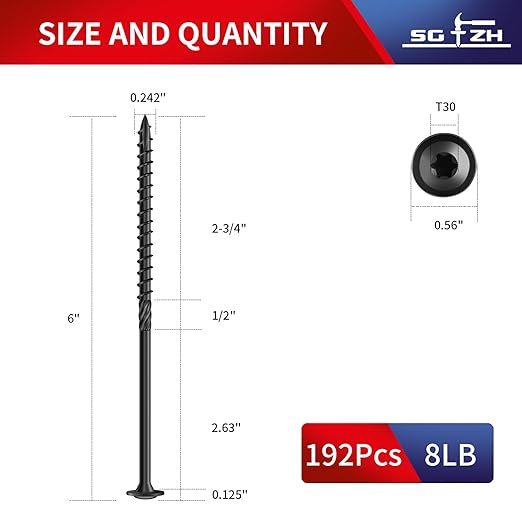 #14 x 6 Inch Lag Screws (192Pcs) 8lb. Structural Wood Screw, Black, Carbon Steel, Washer Head, Rust Resistant epoxy Coated, T30 Star Bit