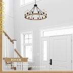 31.5'' 12 Lights Wooden Wagon Wheel Chandelier Natural Farmhouse Wood Round Chandelier Black Rustic Light Fixture for Living Dining Room Entryway Foyer Kitchen