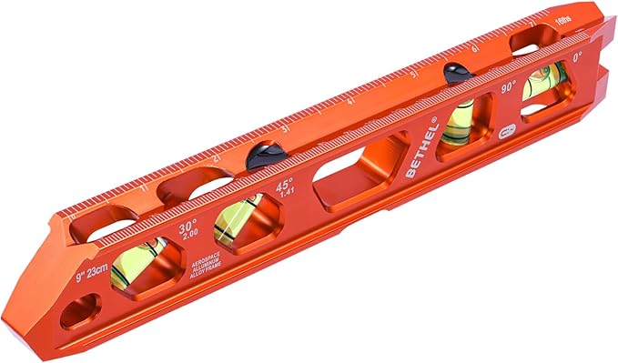 BETHEL 9 Inch Magnetic Torpedo Level with 4 Bubble Vials, V-Groove & Magnetic Rails, Orange Aluminum Alloy Construction