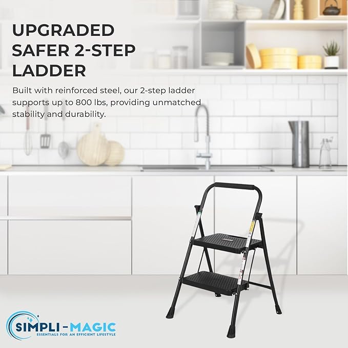 SIMPLI-MAGIC 2-Step Ladder, 800 LBS Capacity Folding Step Stool – Anti-Slip Wide Steps & Handgrip – ANSI Certified Lightweight & Durable Steel Stepping Stool for Kitchen, Home, Office & Garage
