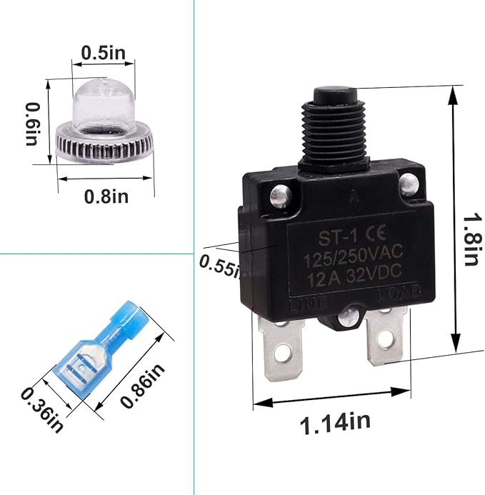mxuteuk 5Pcs 12Amp Circuit Breakers Push Button Manual Reset 125/250V AC 32V DC,Overload Protector Switch Thermal Circuit Breakers with Quick Connect Terminals and Waterproof Button Caps ST1-5-12A