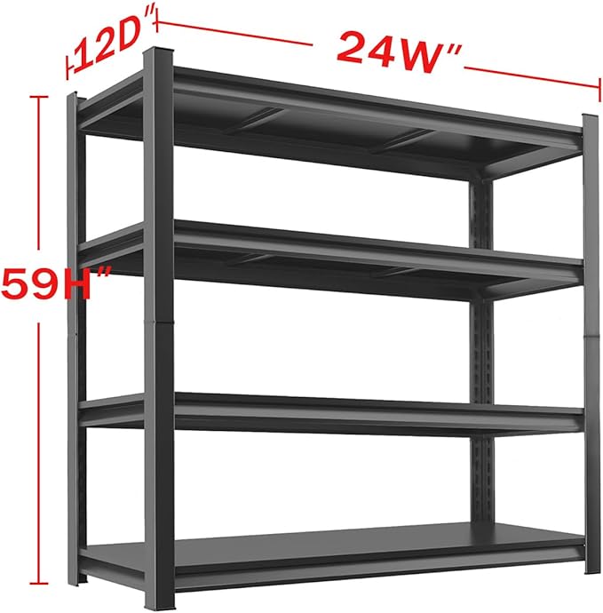 Metal Garage Storage Shelves Heavy Duty Shelving Unit 4 Tier Steel Adjustable Organizing Shelves 2500 LBS Capacity Industrial Shelving Ideal for Garage Tote Pantry Basement Outdoor, 59”Hx24”Wx12”D