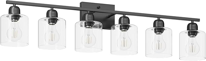 Modern 6 Light Bathroom Light Fixtures,38 inch Vanity Lights for Bathroom with Clear Glass, Black Vanity Light for Mirror Kitchen Living Room Hallway Cabinet Porch