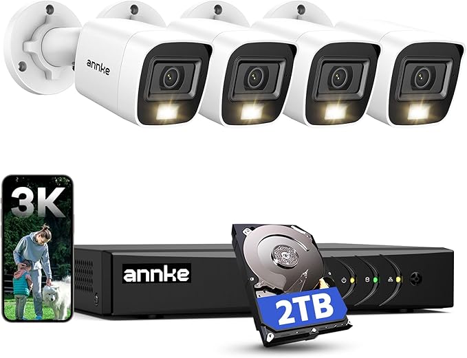 ANNKE 8CH 3K Security Camera System with Audio/Mic, 8 Channel Surveillance AI DVR and 4X 5MP 2960 * 1665 CCTV Cams with Dual Light, Human/Vehicle Detection, IP67, Color Night Vision, 2TB Hard Drive