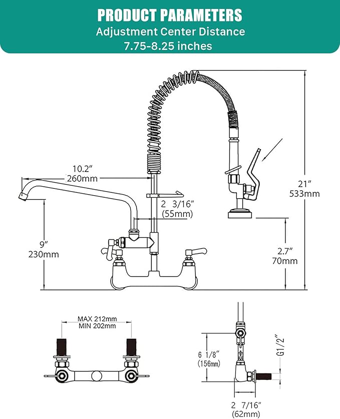 Commercial Kitchen Faucet Heavy Duty Wall Mount Sink Faucet, 8 Inch Center 25 Inch Commercial Kitchen Faucet with Pre-Rinse Sprayer （Grey） and 10 Inch Add-On Spout for 1,2,3 Compartment Sinks