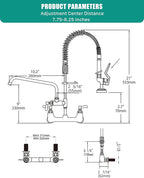 Commercial Kitchen Faucet Heavy Duty Wall Mount Sink Faucet, 8 Inch Center 25 Inch Commercial Kitchen Faucet with Pre-Rinse Sprayer （Grey） and 10 Inch Add-On Spout for 1,2,3 Compartment Sinks