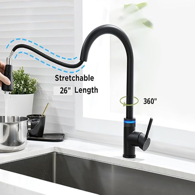 Smart Kitchen Faucet, 3 Modes Pull Down Sprayer, Touch On Sensor Activated, LED Temperature Control, 360-Degree Rotation, 1 or 3 Hole Deck Plate. 10-Year Warranty. (KW-70R, Matt Black)