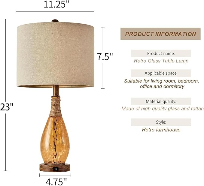 OYEARS 23" USB A+C Table Lamp for Bedroom Living Room Modern Bedside Lamps Retro Farmhouse Rattan Glass Nightstand Nightlight Lamps (Amber),Two Light Points