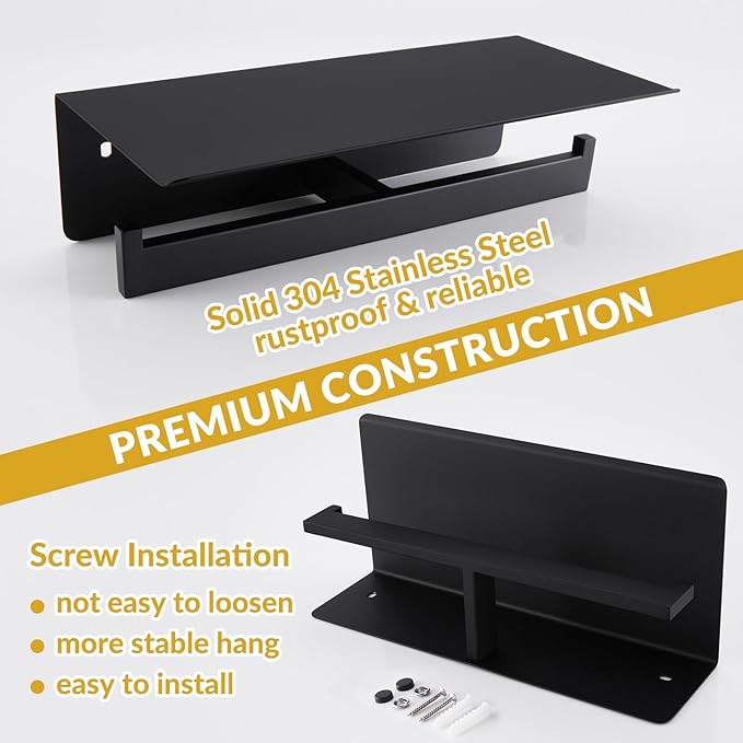 APLusee Matte Black Double Toilet Paper Holder with Shelf, 304 Stainless Steel Bathroom Tissue Roll Holder, Commercial Paper Dispenser Wall Mounted