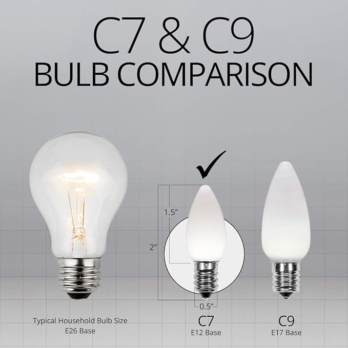Wintergreen Lighting 25 Pack OptiCore C7 LED Christmas Light Bulbs - Replacement LED Christmas Lights Heavy Duty Premium Outdoor Christmas Lights, E12 Base (Cool White Smooth)