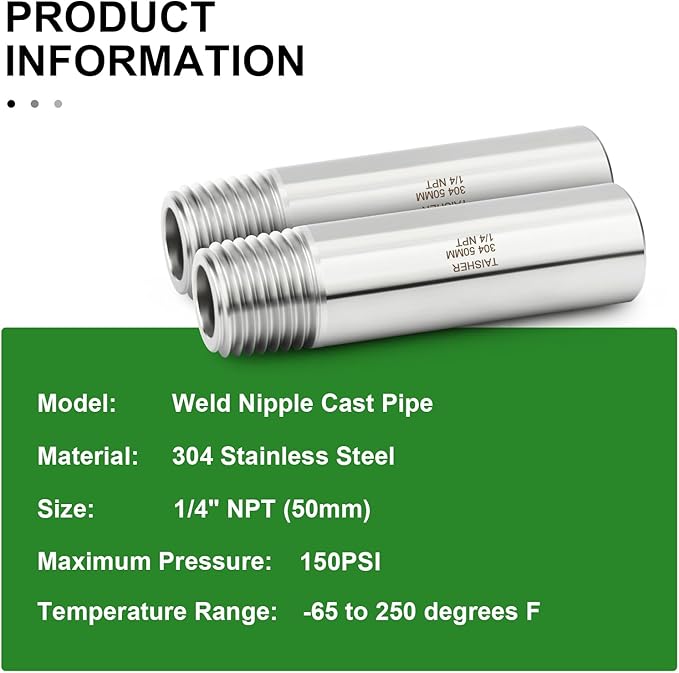 TAISHER 2PCS 304 Stainless Steel Pipe Fittings, 1/4" NPT Male Threaded, 2" Length Weld Nipple Cast Pipe