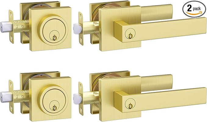 Haidms 2 Pack Gold Exterior Door Lock Set, Front Door Handle and Deadbolt Set, Gold Entry Door Locksets with Deadbolt, Heavy Duty Zinc-alloyed Front Door Lock Set