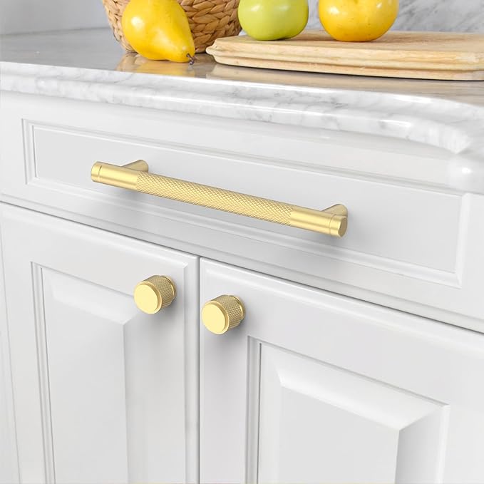 Amerdeco 10 Pack Gold Knurled Cabinet Pulls 3.75 Inch Center to Center Kitchen Cabinet Handles for Drawer Dresser, Cupboard and Wardrobe ZH0031