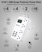 6 USB(2 USB C) Surge Protector Power Strip- 15 Ft Extension Cord with 6 USB Charging Station and 4 Outlets, Flat Plug Long Braided Extension Cord with Multiple Outlets Wall Mount for Home Office Dorm